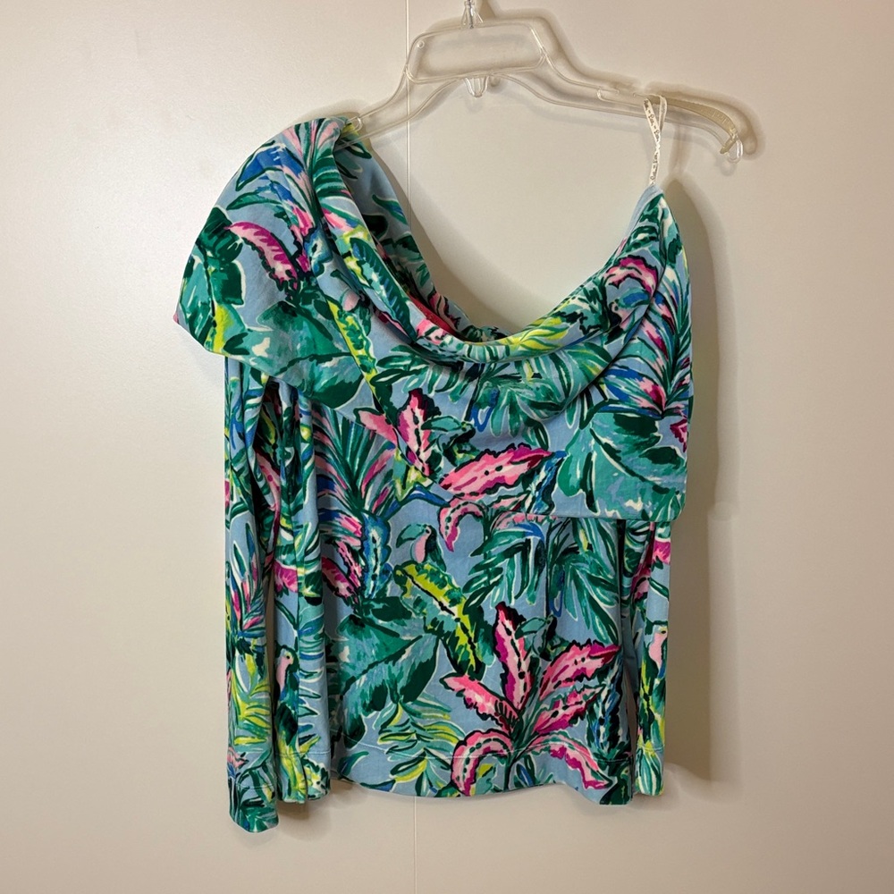 Lilly Pulitzer Vibrant Leaf Print One-Shoulder “Velvet” Top